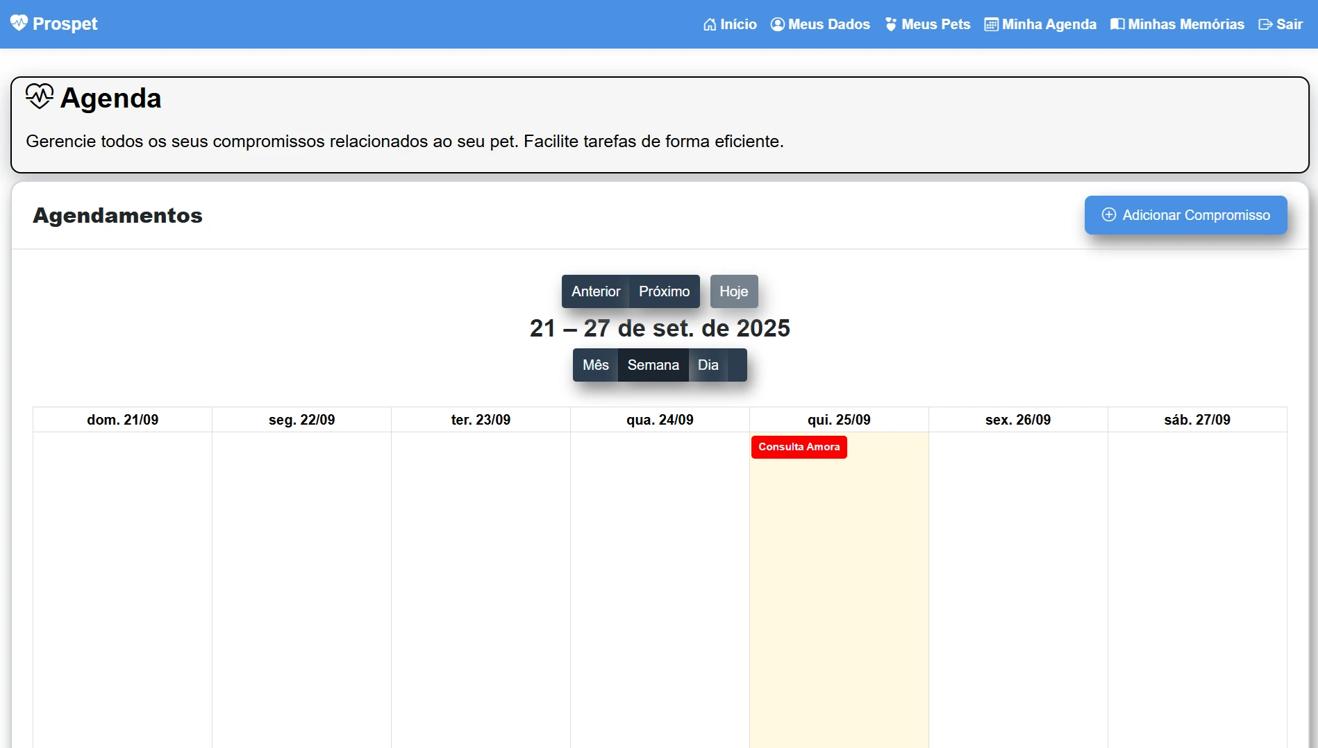 Tela do aplicativo ProsPet mostrando a agenda semanal e mensal com todos os compromissos do pet